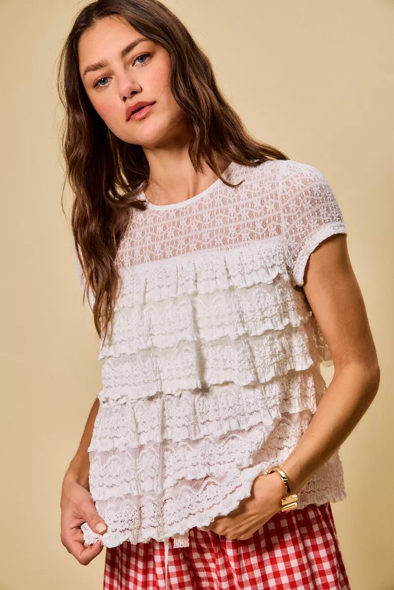 SO ME Ruffle Tiered Stretch Lace Short Sleeves Knit Top - Sleekdenim.com