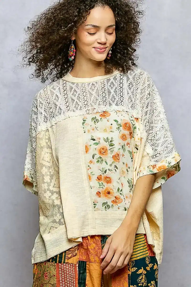 POL Floral Patchwork Lace Accent Blouse - Sleekdenim.com