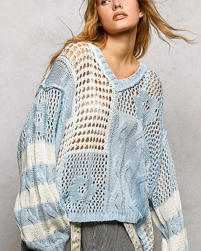 POL Color-Blocked Stripe Pattern Knit Top with Twisted Weave - Sleekdenim.com