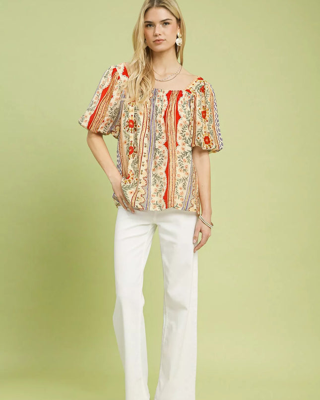 Umgee Patchwork Puff Sleeve Smocked Blouse - Sleekdenim.com