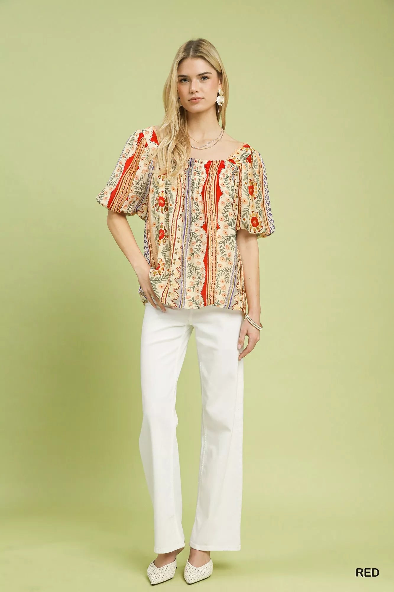 Umgee Patchwork Puff Sleeve Smocked Blouse - Sleekdenim.com