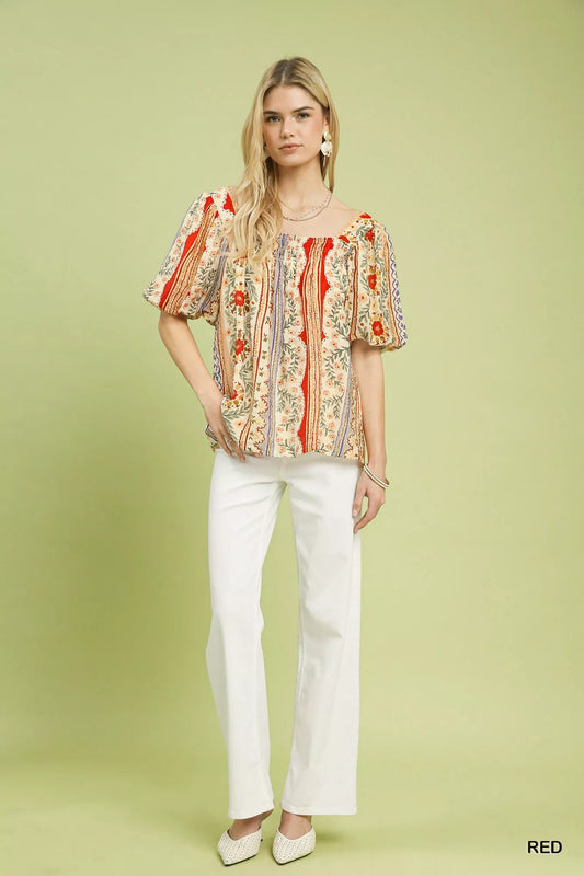 Umgee Patchwork Puff Sleeve Smocked Blouse - Sleekdenim.com