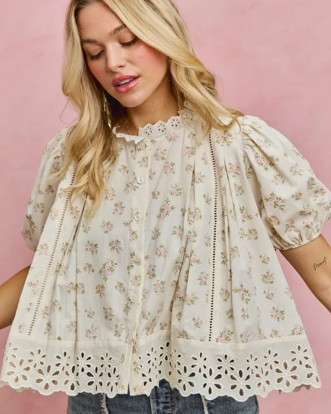 SO ME Floral Print Lace Trim Short Sleeves Blouse - Sleekdenim.com
