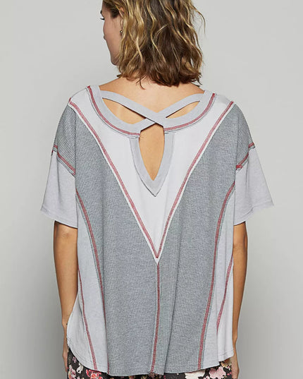 POL Round Neck Short Sleeve Contrast Stitching Top with Back Strap Detail - Sleekdenim.com