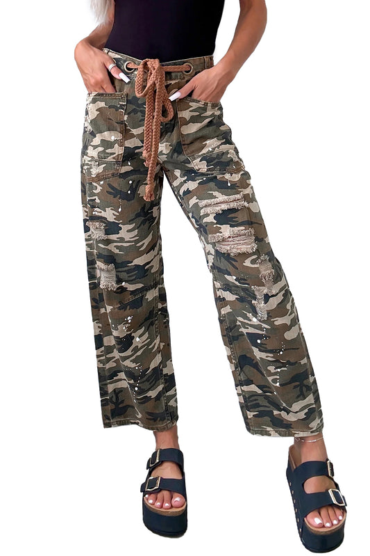 Green Camouflage Print Splashed Distressed Loose Denim Pants - Sleekdenim.com