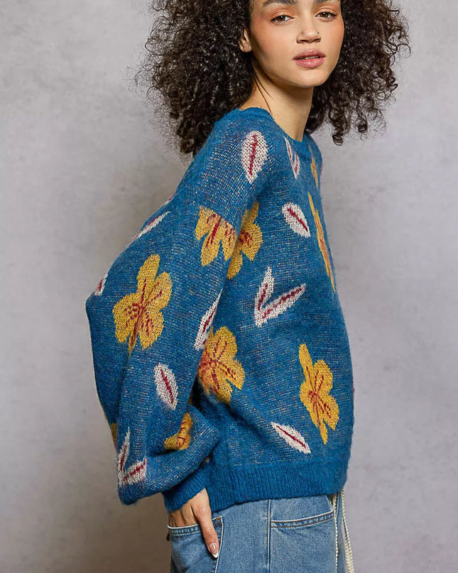 POL Floral Pattern Round Neck Balloon Sleeve Sweater - Sleekdenim.com