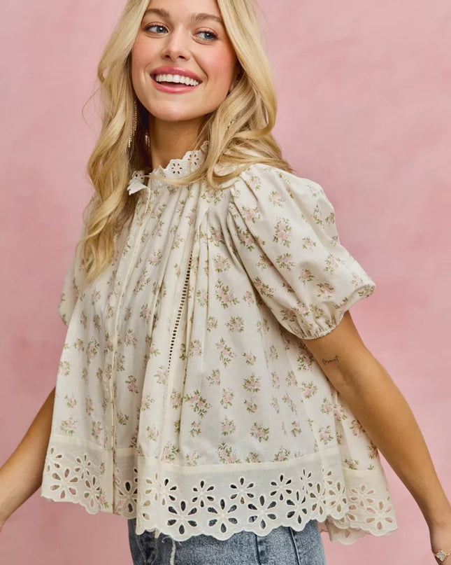 SO ME Floral Print Lace Trim Short Sleeves Blouse - Sleekdenim.com
