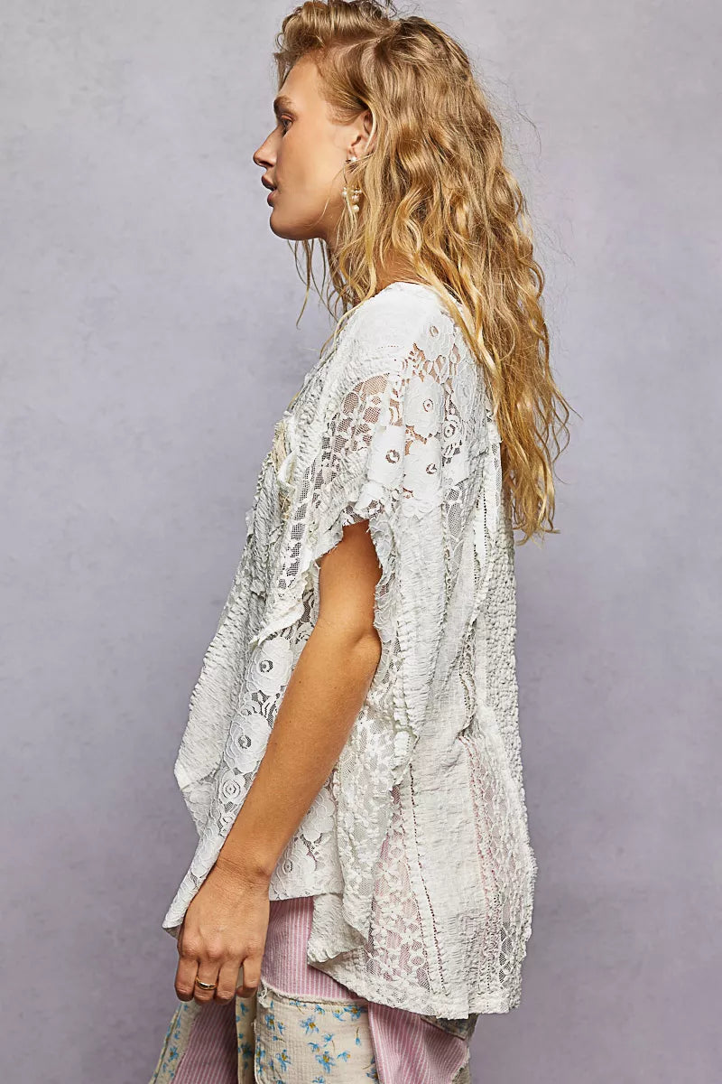 POL Asymmetrical V-Neck Short Sleeve Lace Top - 4