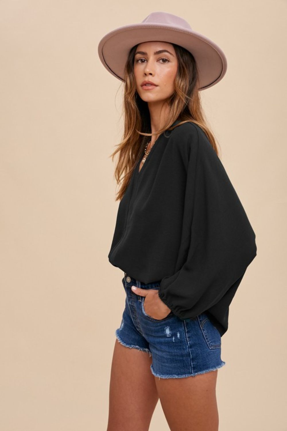 Annie Wear Notched Batwing Sleeve Blouse | Sleekdenim.com