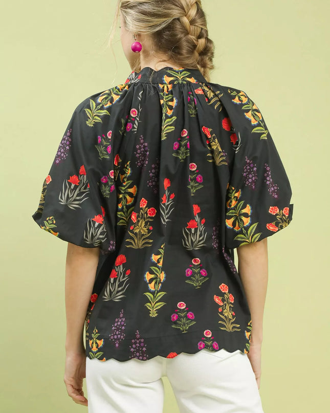 Umgee Floral Print Puff Sleeve Scallop Hem Blouse - Sleekdenim.com