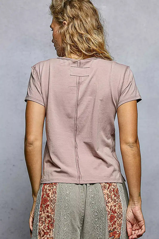 POL Contrast Stitching Round Neck Short Sleeve T-Shirt - Sleekdenim.com