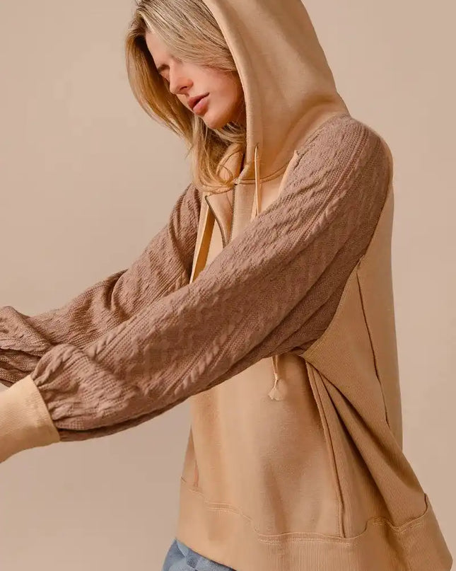 BiBi Half Zip French Terry Hoodie with Kint Sleeves - Sleekdenim.com