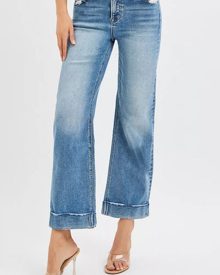 RISEN Full Size Mid Rise Crop Straight Jeans with Taylor Cuffed Plus Size - Sleekdenim.com