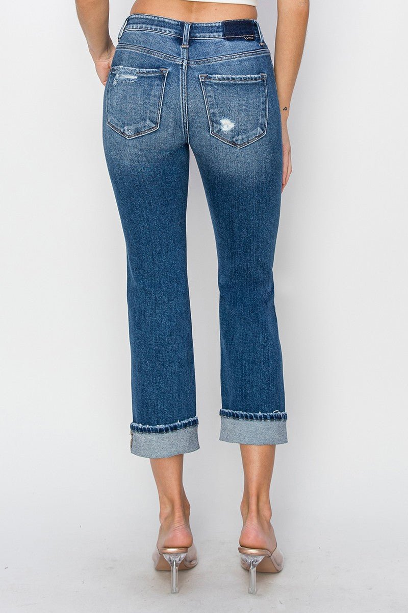 RISEN Full Size Cuffed Ankle Distressed Straight Jeans | Sleekdenim.com