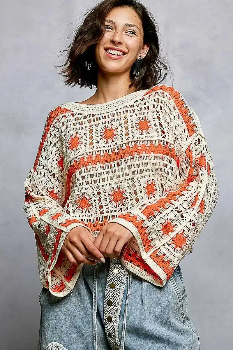 POL Boat Neck Long Sleeve Crochet Top with Granny Square Weaving - Sleekdenim.com