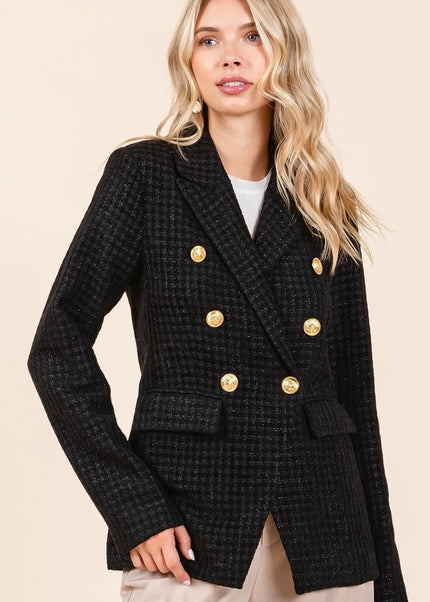 Mittoshop Plaid Texture Double-Breasted Long Sleeve Blazer - Sleekdenim.com