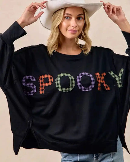 BiBi Spook Plaid Letter Print Oversized Sweatshirt - Sleekdenim.com