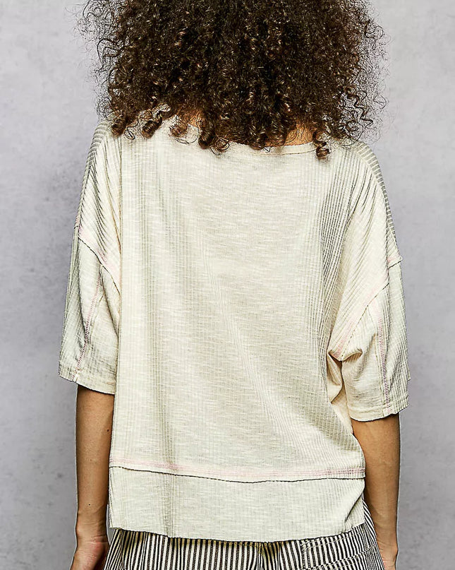 POL Short Sleeve Ccopped Rib T-Shirt with Contrast Stitch Detail - Sleekdenim.com