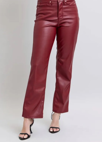 Judy Blue Full Size High Waist Tummy Control Faux Leather Straight Pants Plus Size - Sleekdenim.com