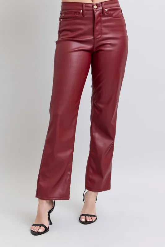 Judy Blue Full Size High Waist Tummy Control Faux Leather Straight Pants Plus Size - Sleekdenim.com