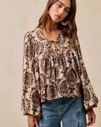 BiBi Printed Woven Front Tied Blouse with Baloon Sleeve - Sleekdenim.com