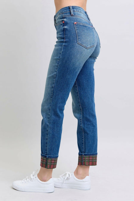 Judy Blue High Rise Medium Wash Non Distressed Slim Jeans with Plaid Patch | Sleekdenim.com