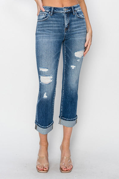 RISEN Full Size Cuffed Ankle Distressed Straight Jeans | Sleekdenim.com