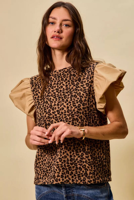 SO ME Leopard Pointelle Knit Top with Puff Sleeves - 3