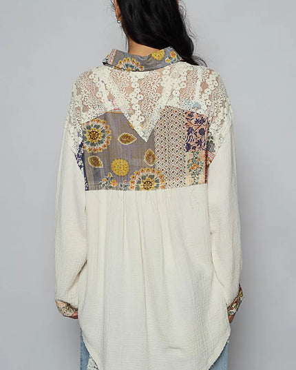 POL Lace Patchwork Floral Trim Long Sleeve Shirt - Sleekdenim.com