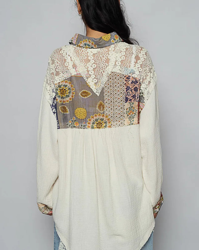 POL Lace Patchwork Floral Trim Long Sleeve Shirt - Sleekdenim.com