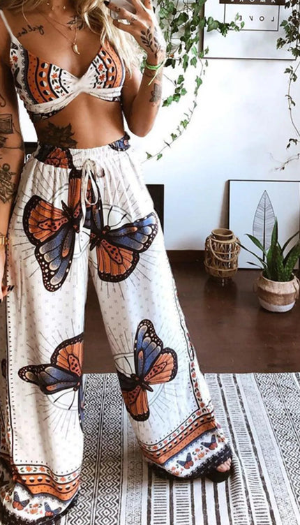 Boho Butterfly Print Top and Pants Set - Sleekdenim.com