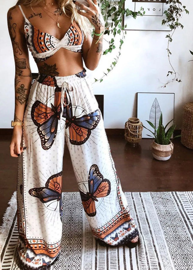 Boho Butterfly Print Top and Pants Set - Sleekdenim.com