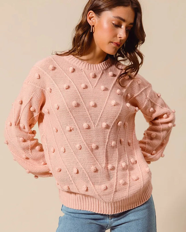 SO ME Pom Pom Textured Knit Sweater Top - Sleekdenim.com