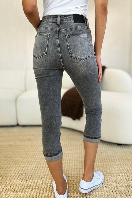 Judy Blue Full Size Button Fly High Waist Cuffed Capris | Sleekdenim.com