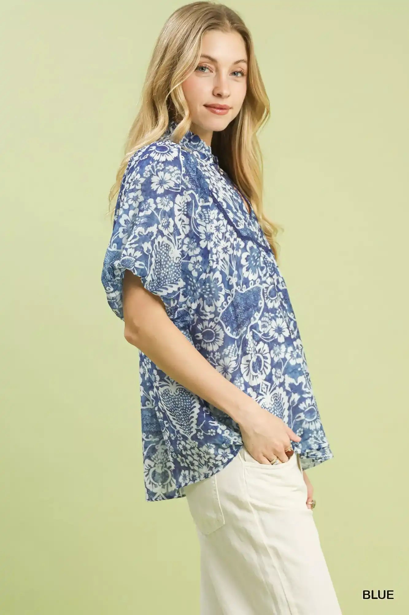 Umgee Abstract Print Ruffled Puff Sleeve Top - Sleekdenim.com