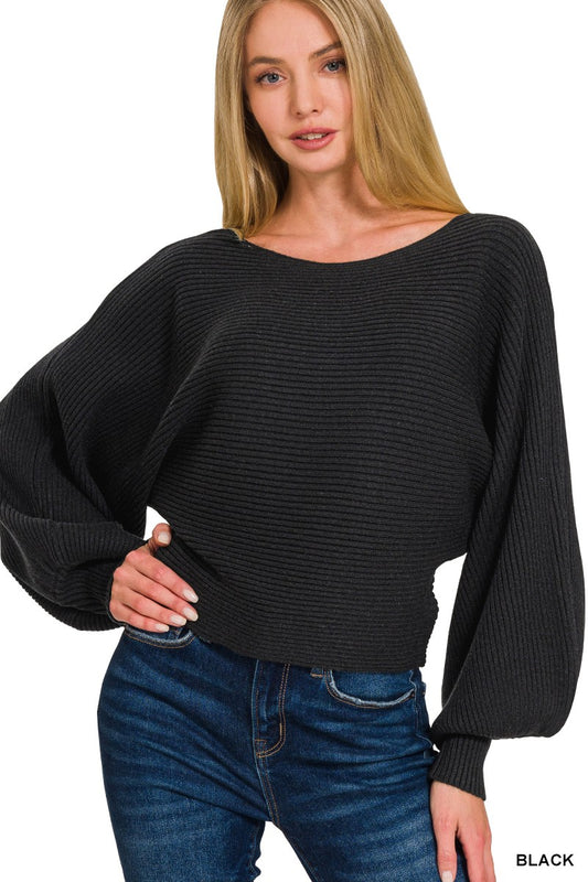 Zenana Boat Neck Balloon Sleeve Sweater