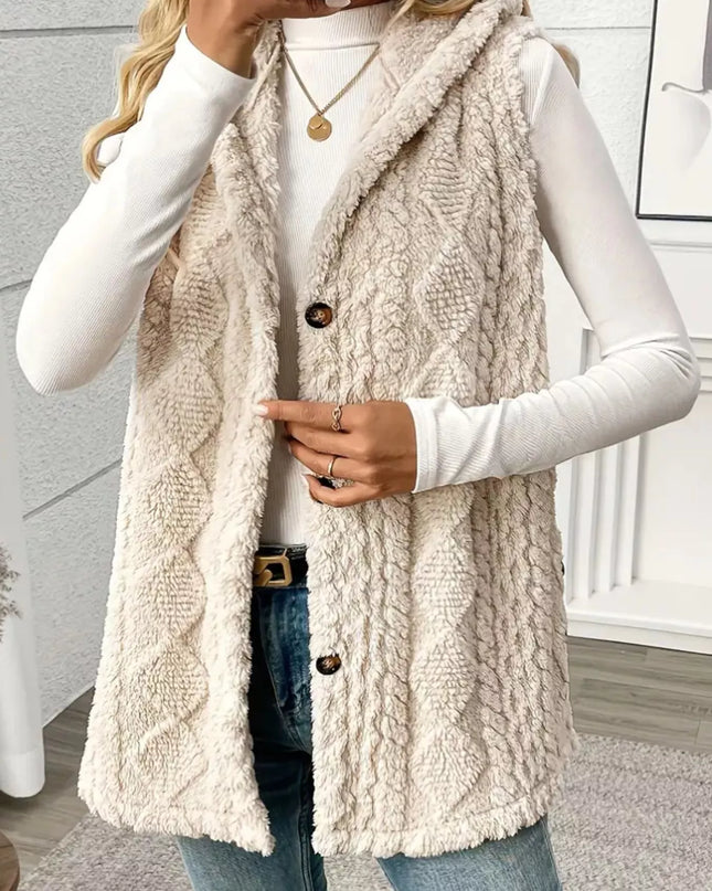 Hooded Button-Up Sherpa Vest Coat - Sleekdenim.com