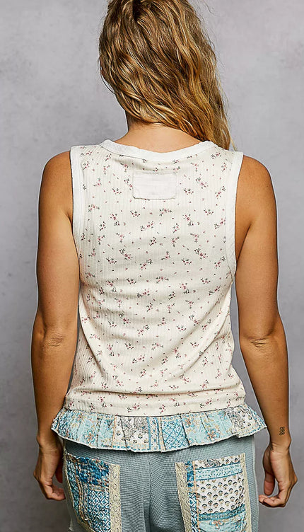 POL Vintage Floral Print Slim-Fit Knit Tank with Raw-Edge Details - Sleekdenim.com