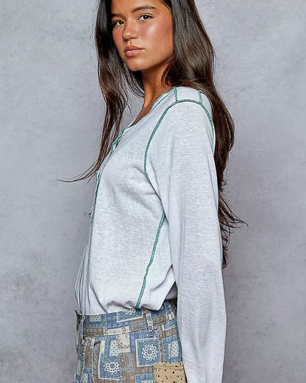 POL Round Neck Long Sleeve Top with Contrast Stitching - Sleekdenim.com