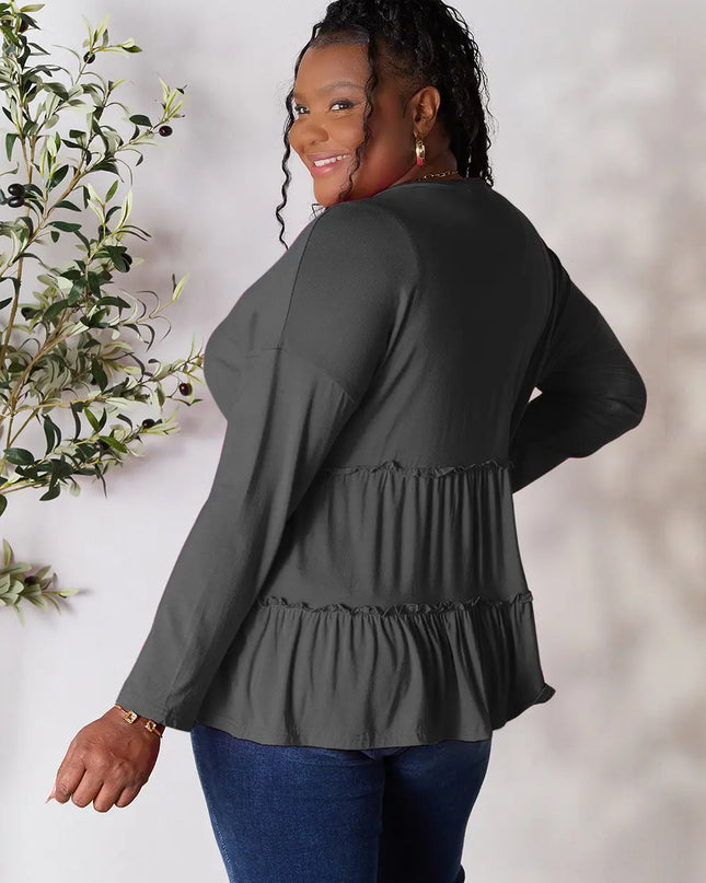 Double Take Half Button Long Sleeve Ruffle Hem Blouse - Sleekdenim.com