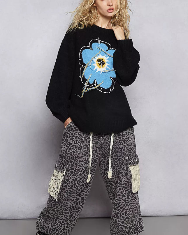 POL Floral Pattern Round Neck Sweater with Exposed Stitching - Sleekdenim.com