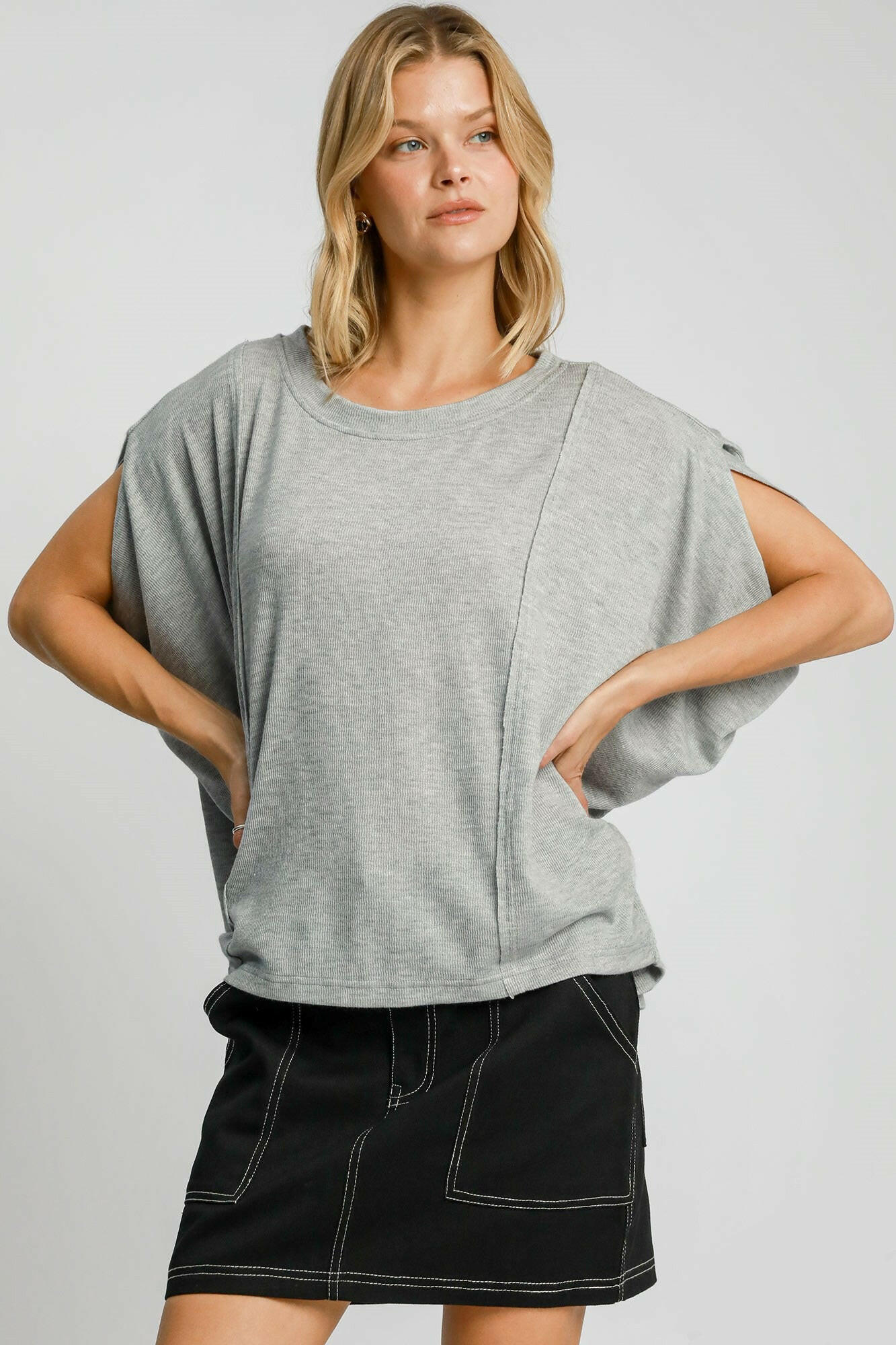 Umgee Exposed Seam Round Neck Batwing Sleeve Knit Top Gray