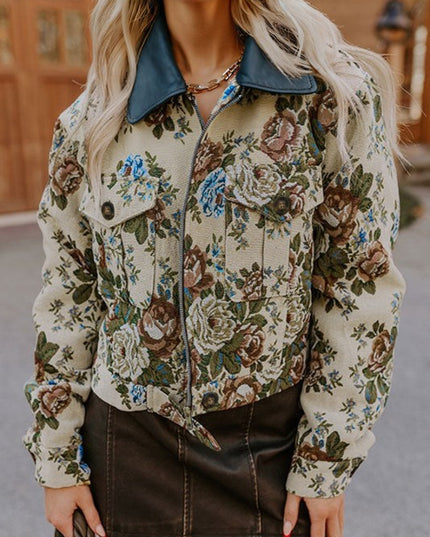 Floral Zip-Up Contrast Collared Jacket - Sleekdenim.com