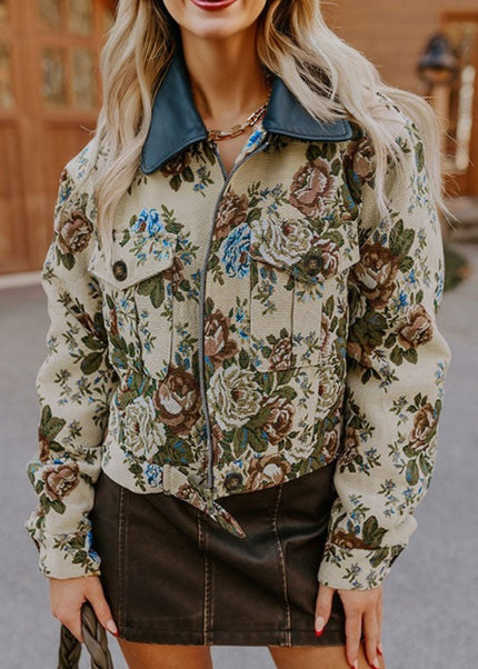 Floral Zip-Up Contrast Collared Jacket - Sleekdenim.com