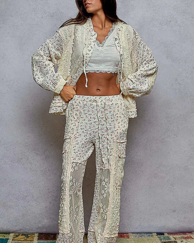 POL Floral Balloon Sleeve Hooded Lace Jacket with Stitch Detail - Sleekdenim.com