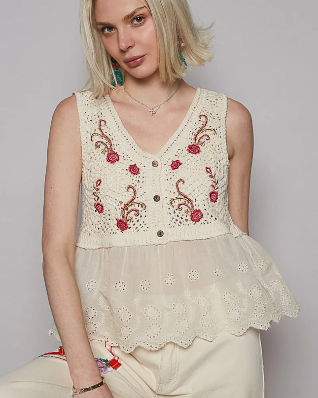 POL Embroidered Detail V-Neck Eyelet Peplum Tank - Sleekdenim.com