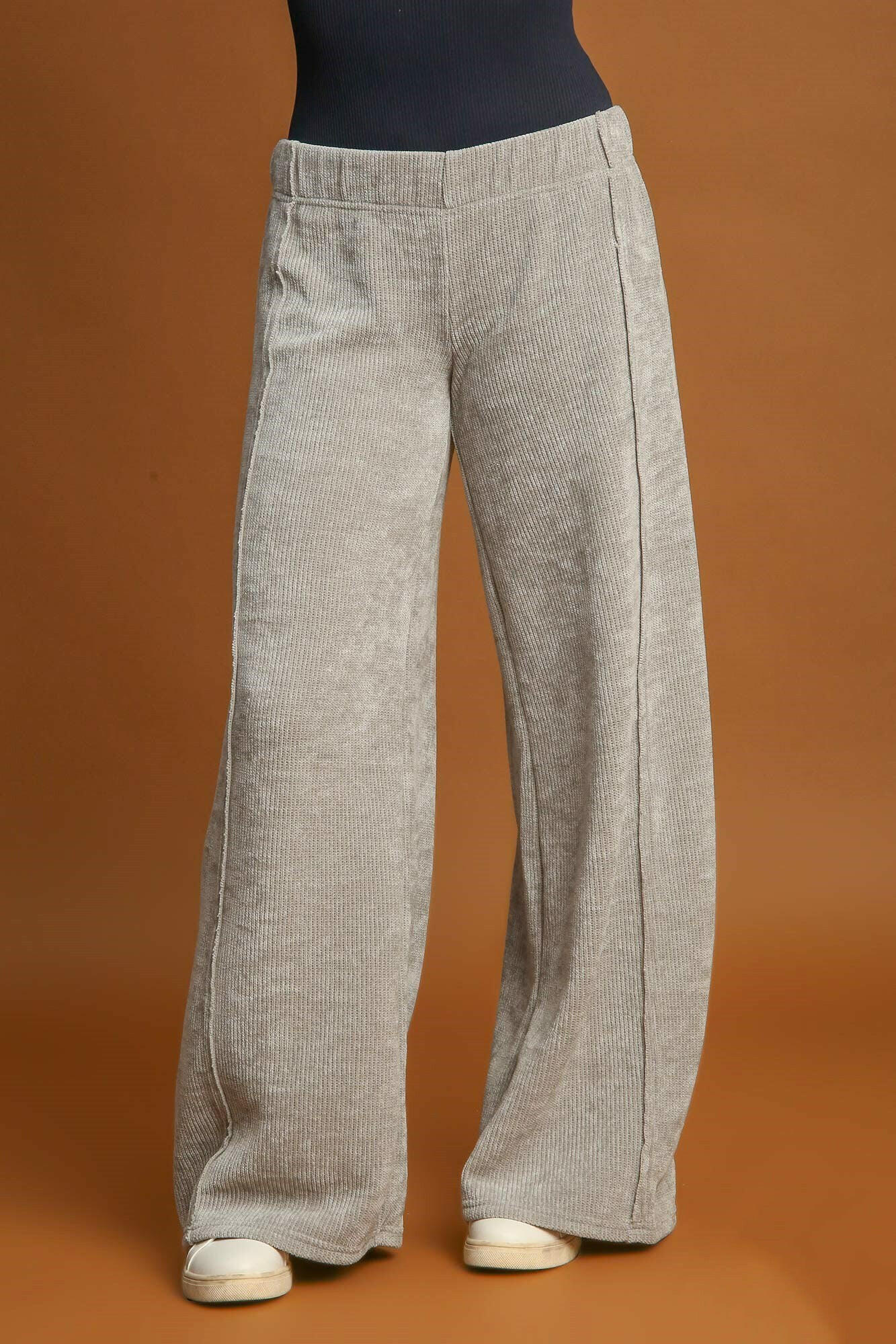 Umgee Elastic Waist Wide Leg Pants Light Gray