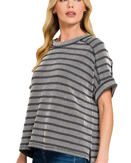 Zenana Raised Rib Striped Exposed Seam Top - Sleekdenim.com