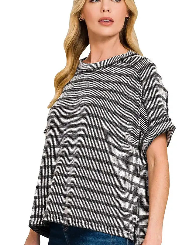 Zenana Raised Rib Striped Exposed Seam Top - Sleekdenim.com