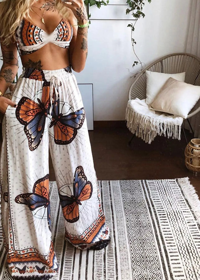 Boho Butterfly Print Top and Pants Set - Sleekdenim.com